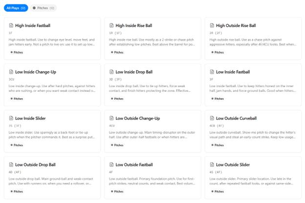 Play management interface showing created plays with names and descriptions